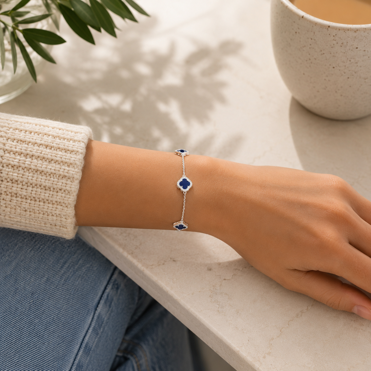 Pulsera Van Azul 3 Treboles Plata Ley 925