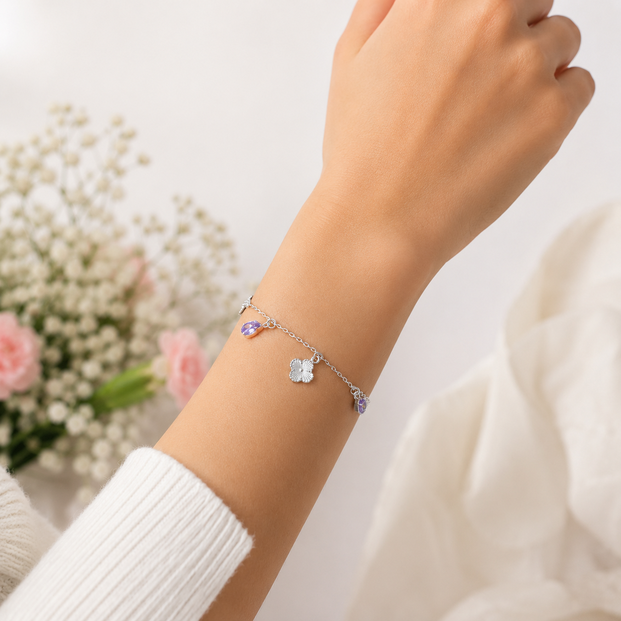 Pulsera Trebol Gota Lila Plata Ley 925