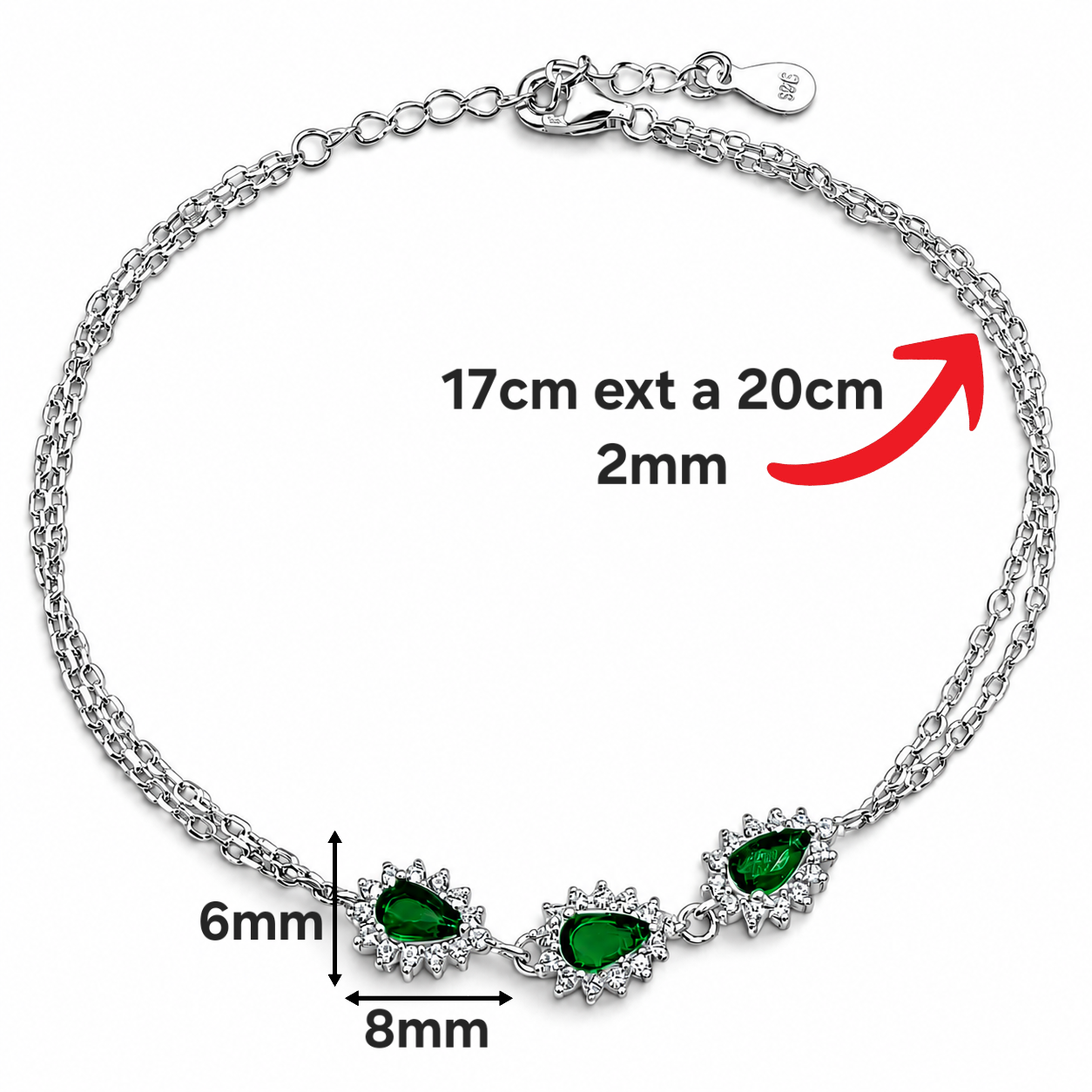 Pulsera Zirconia Verde Plata Ley 925