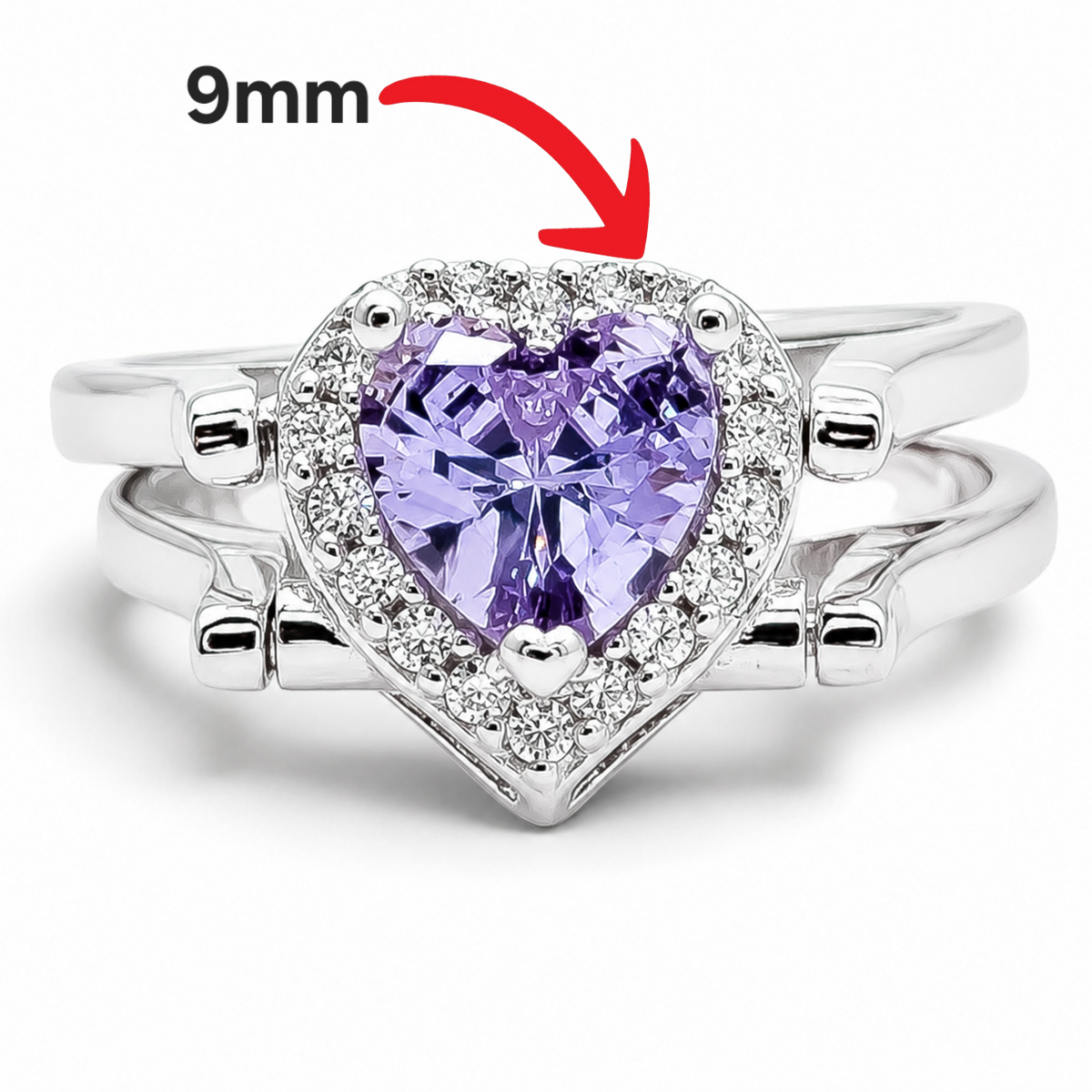 Anillo Doble Vista Corazon Lila Plata Ley 925