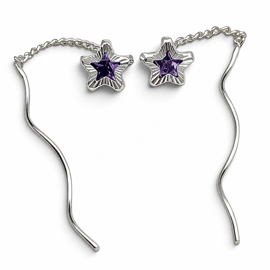 Arete Largo Estrella Morado Plata Ley 925