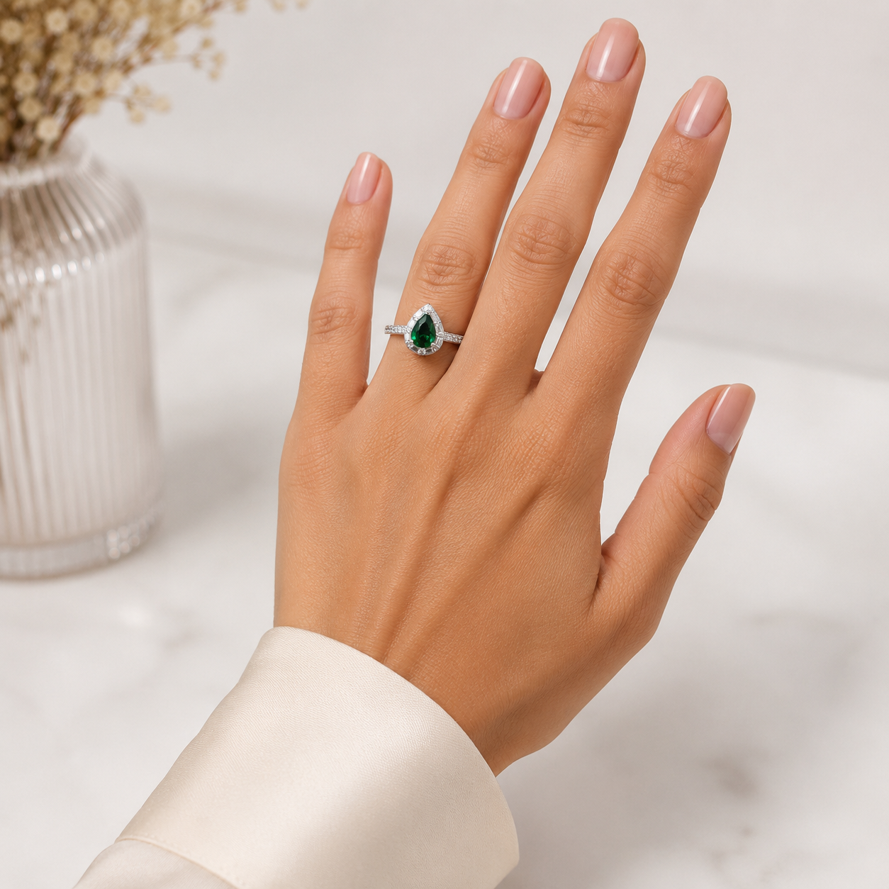 Anillo Gota Chica Verde Plata Ley 925