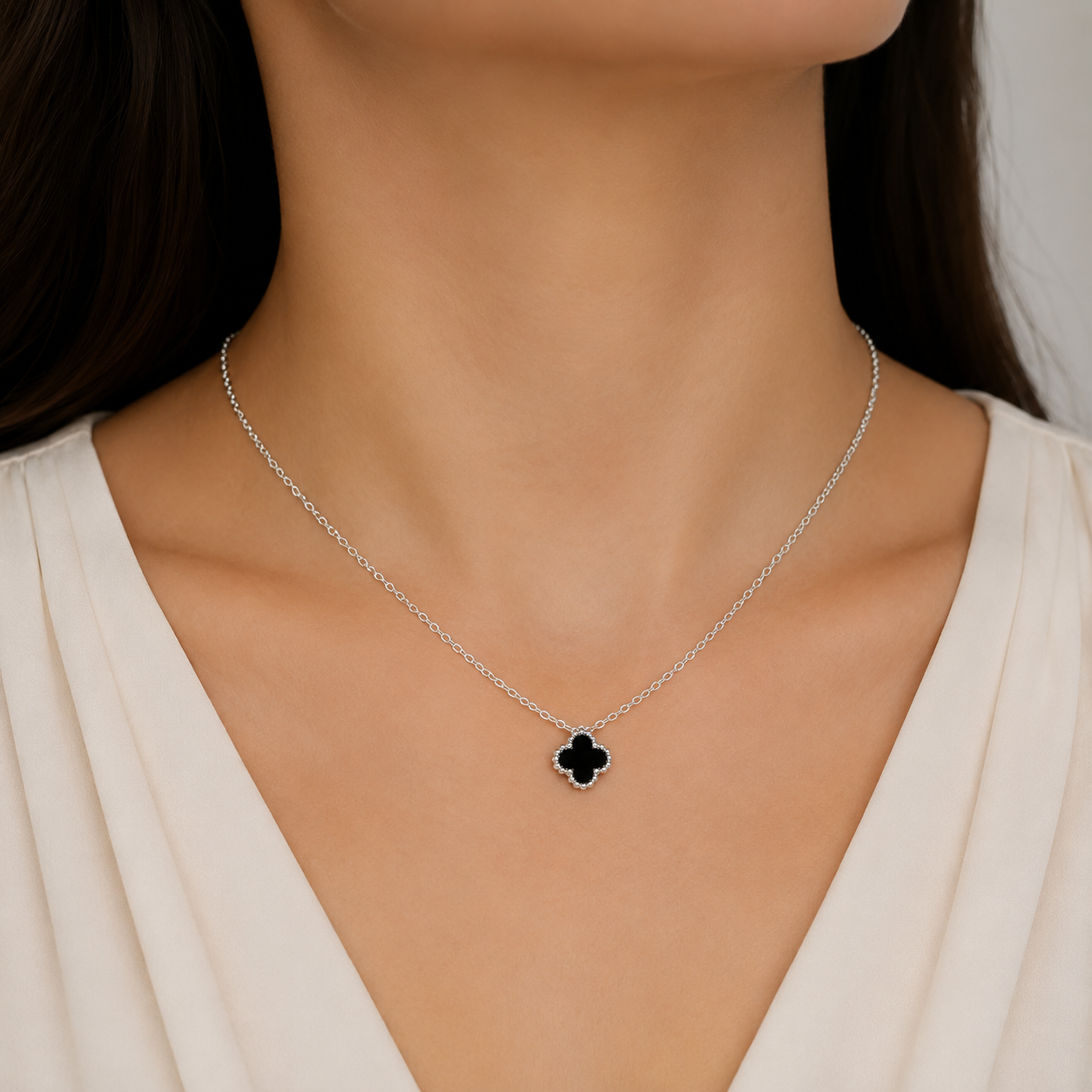 Collar Van Negro 1 Trebol Plata Ley 925