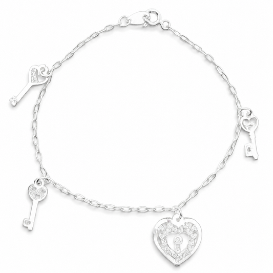 Pulsera Corazon Llave Plata Ley 925