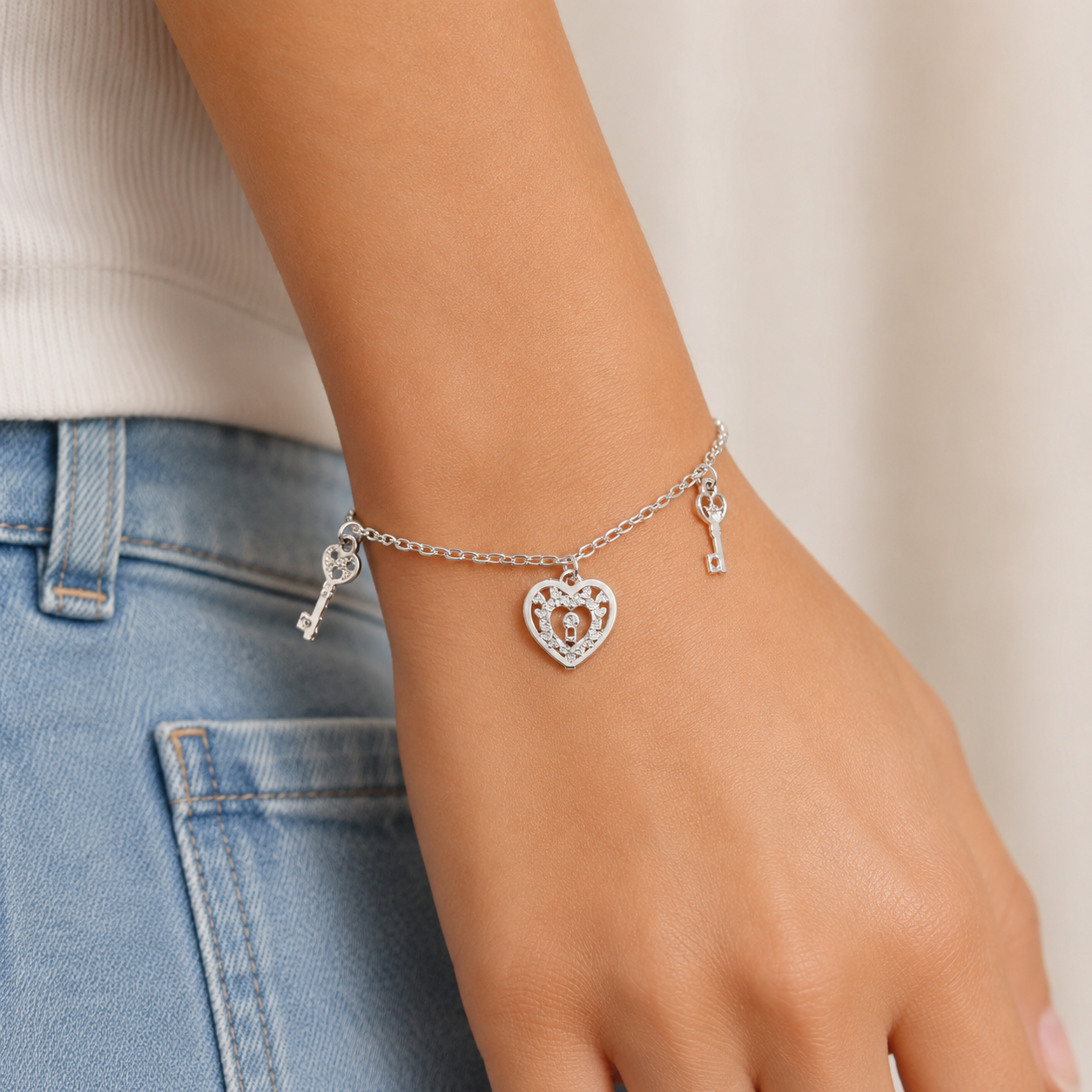 Pulsera Corazon Llave Plata Ley 925