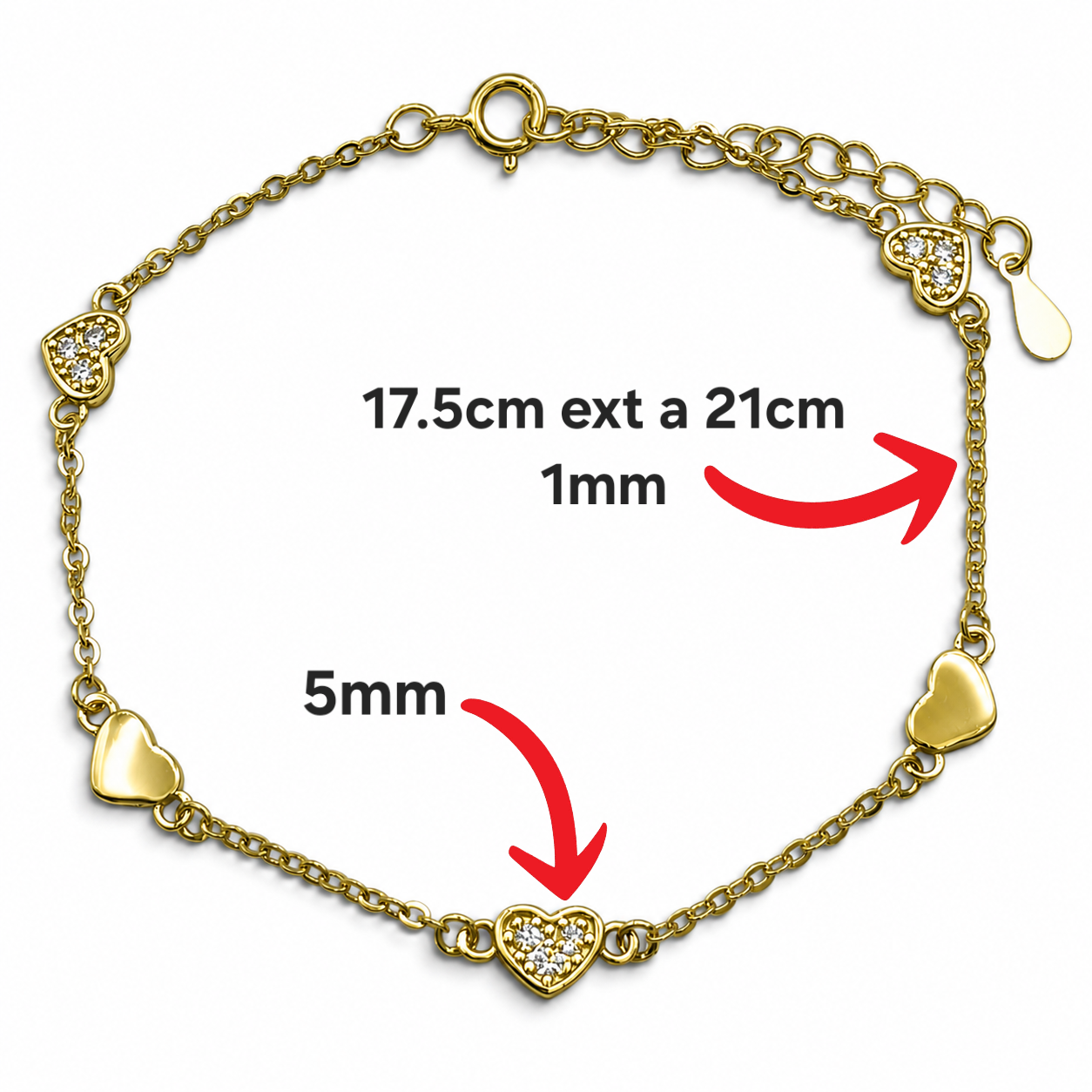 Pulsera Corazones Dorada Plata Ley 925
