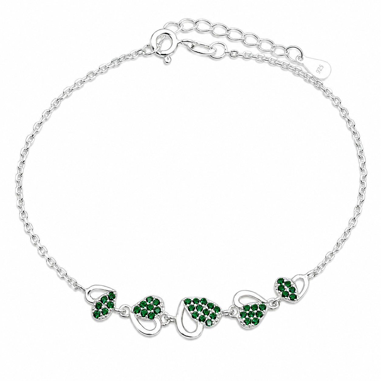 Pulsera Corazones Verde Plata Ley 925
