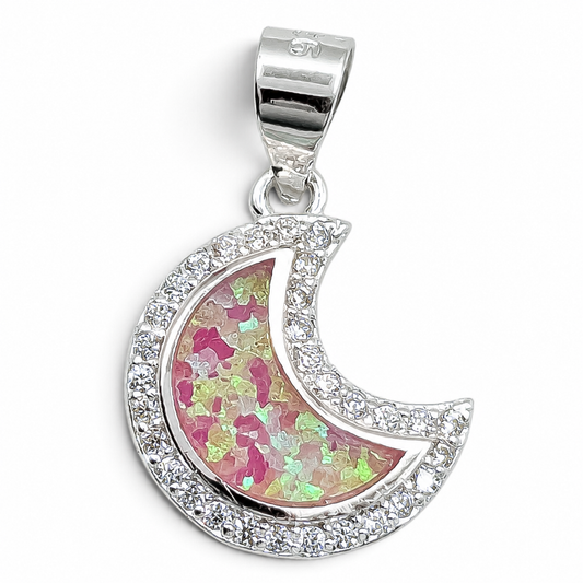 Dije Media Luna Rosa Opalo Plata Ley 925