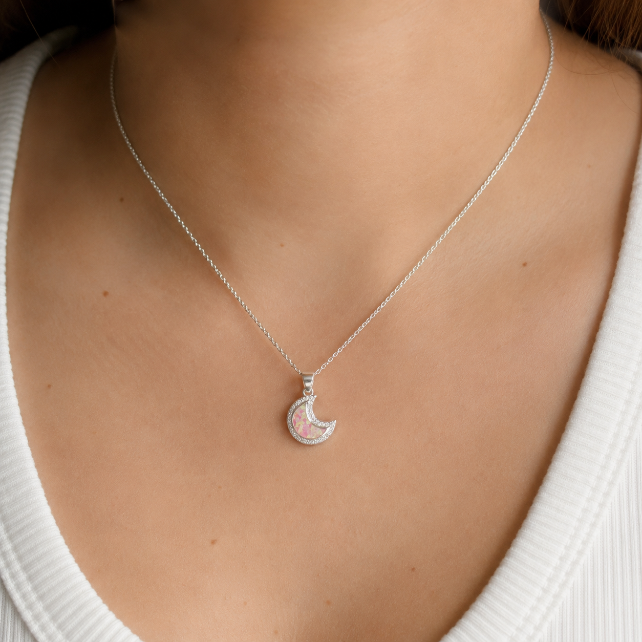 Dije Media Luna Rosa Opalo Plata Ley 925