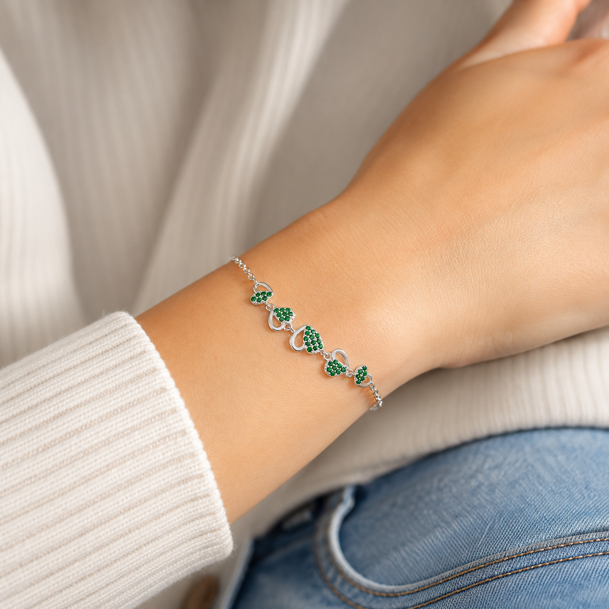 Pulsera Corazones Verde Plata Ley 925