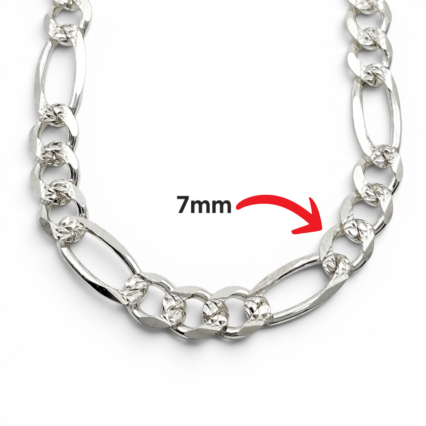 Cadena Figaro 7mm Diamantada Plata Ley 925