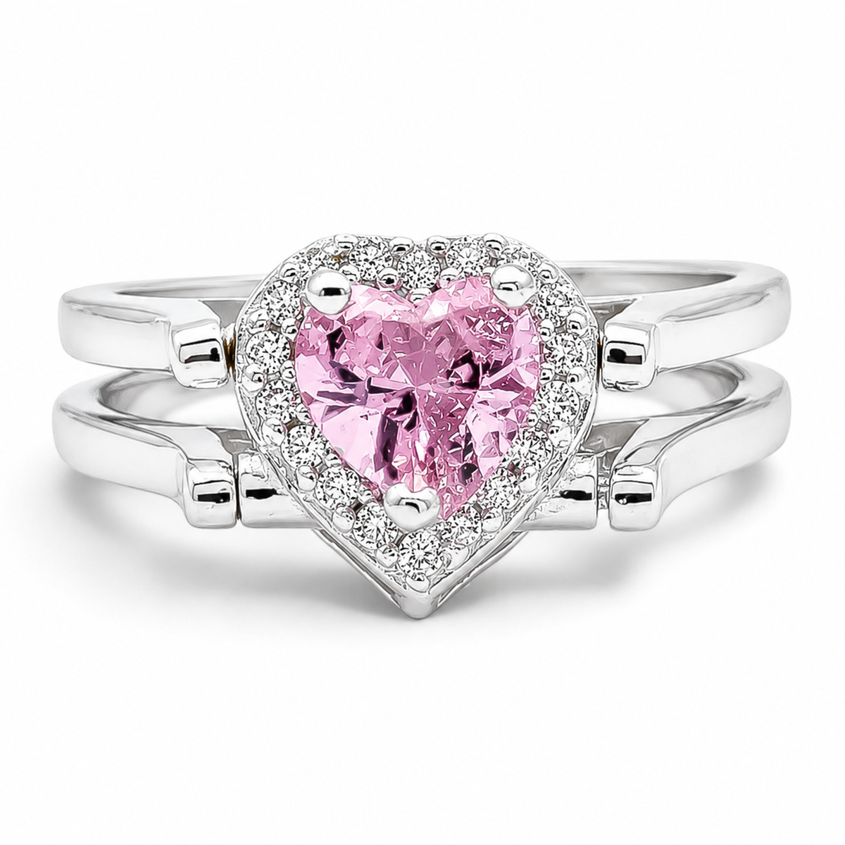 Anillo Doble Vista Corazon Rosa Plata Ley 925