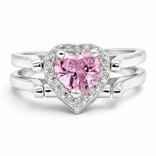 Anillo Doble Vista Corazon Rosa Plata Ley 925