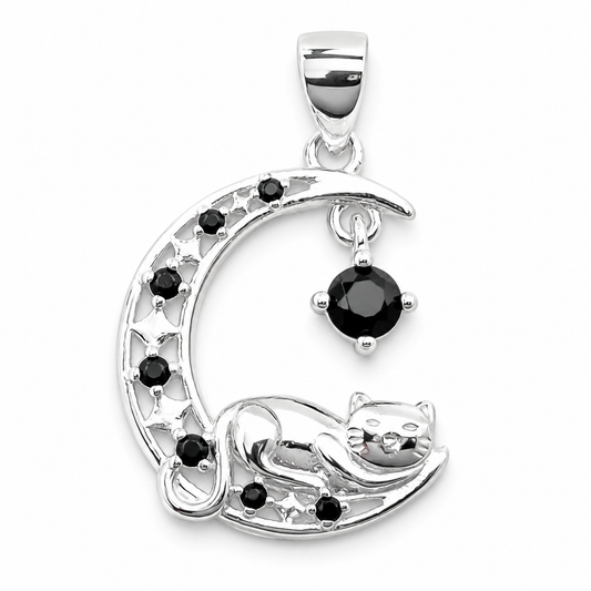 Dije Gato Luna Negro Plata Ley 925