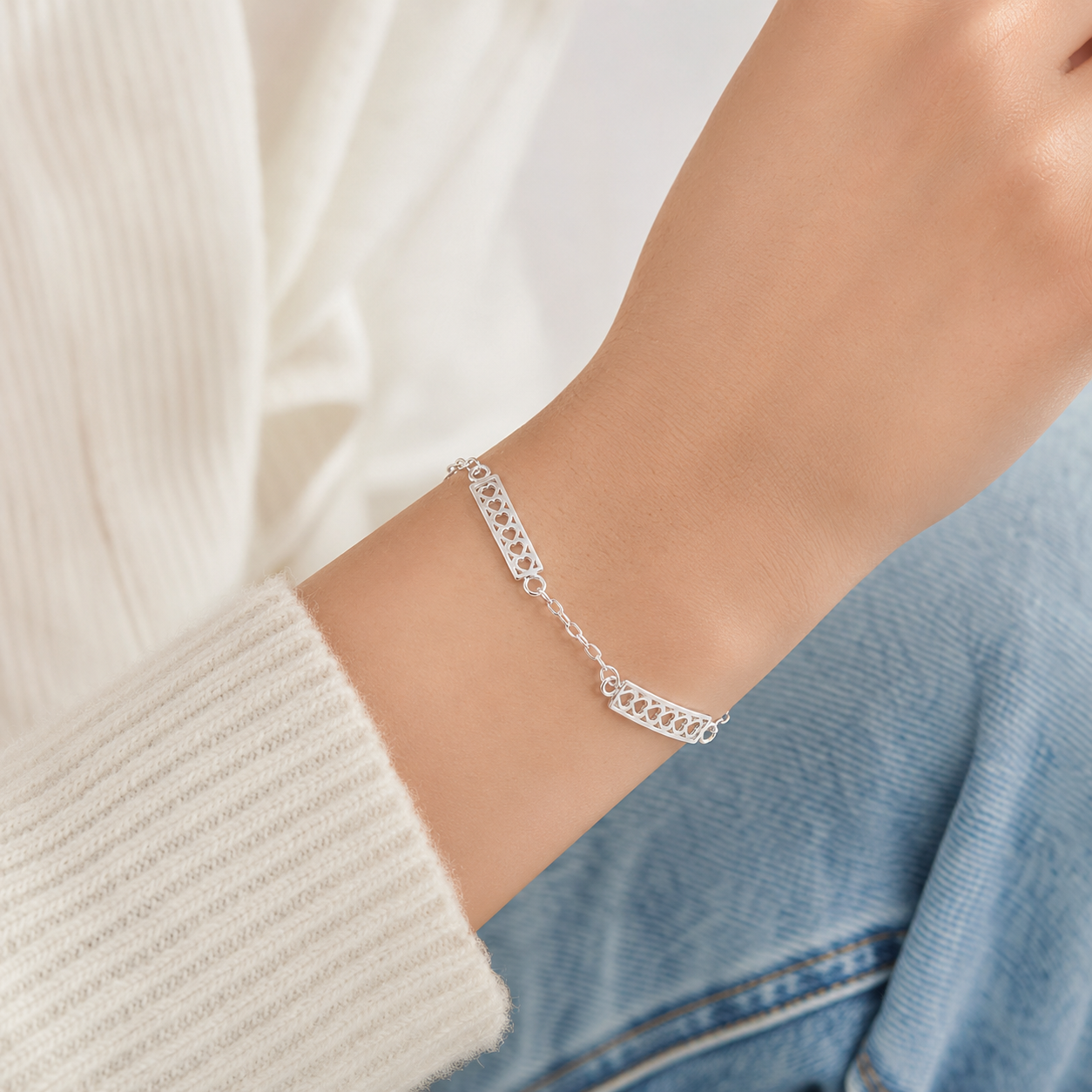 Pulsera Placa Corazones Plata Ley 925