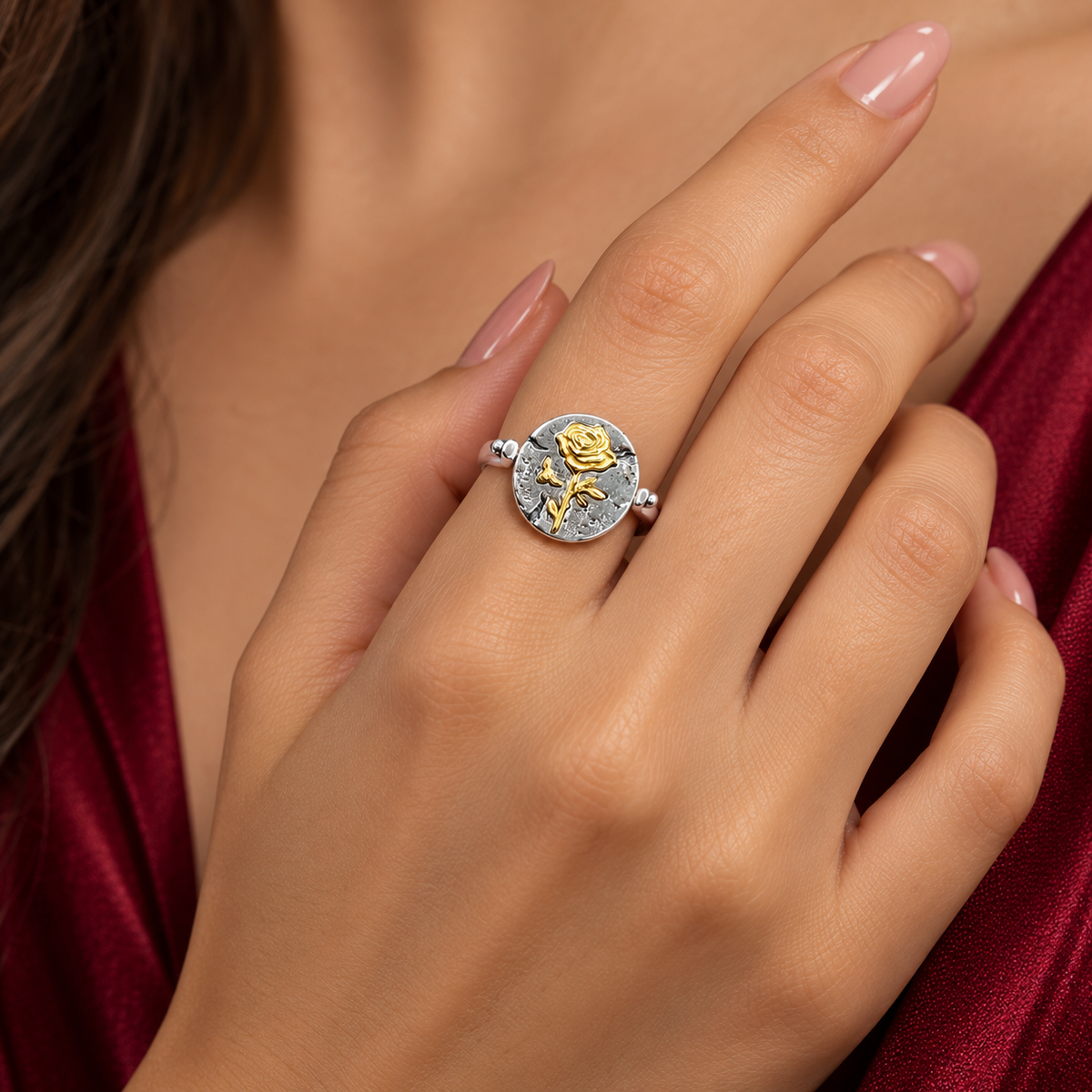 Anillo Movible Rosa Dorado Pan Plata Ley 925