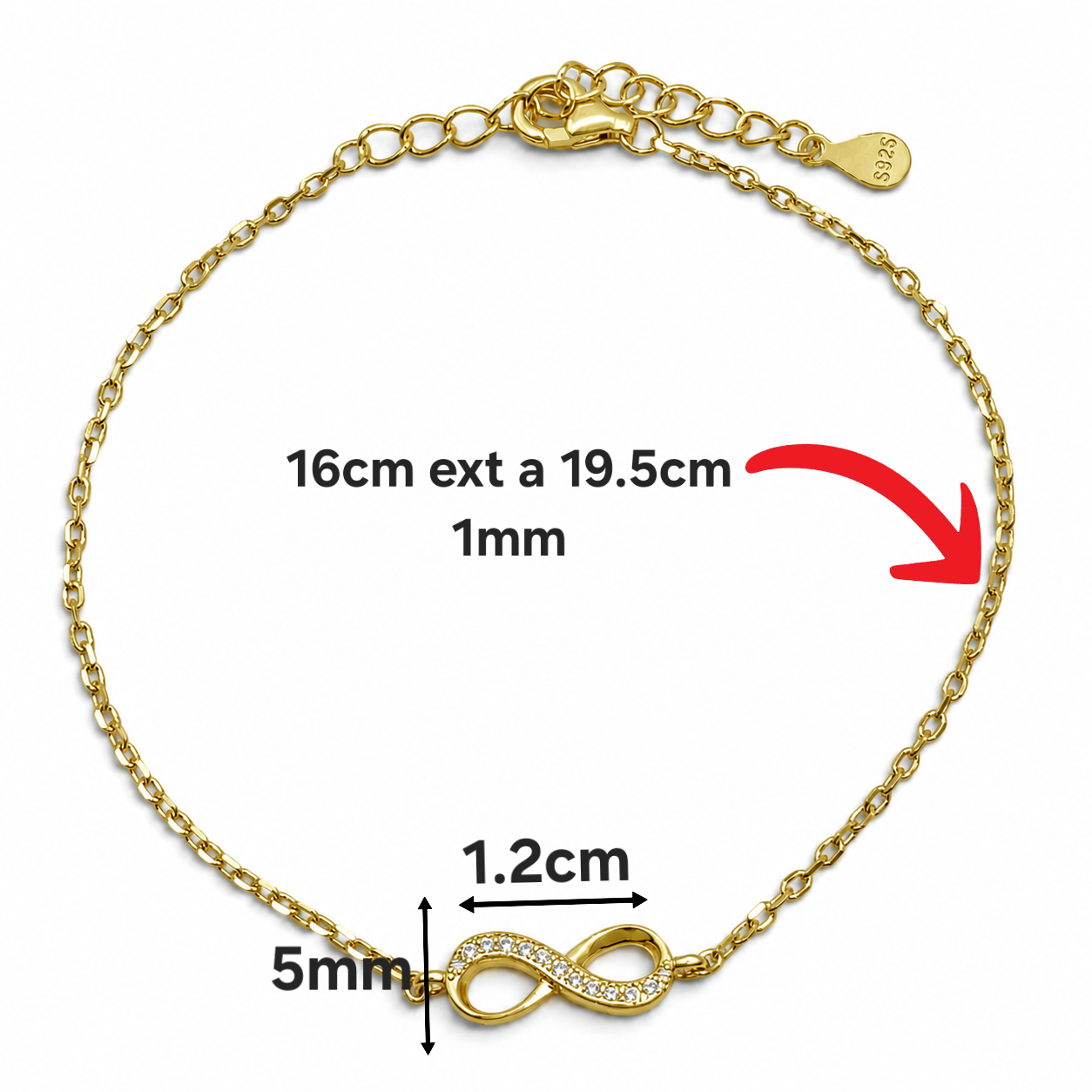 Pulsera Infinito Dorada Chica Plata Ley 925