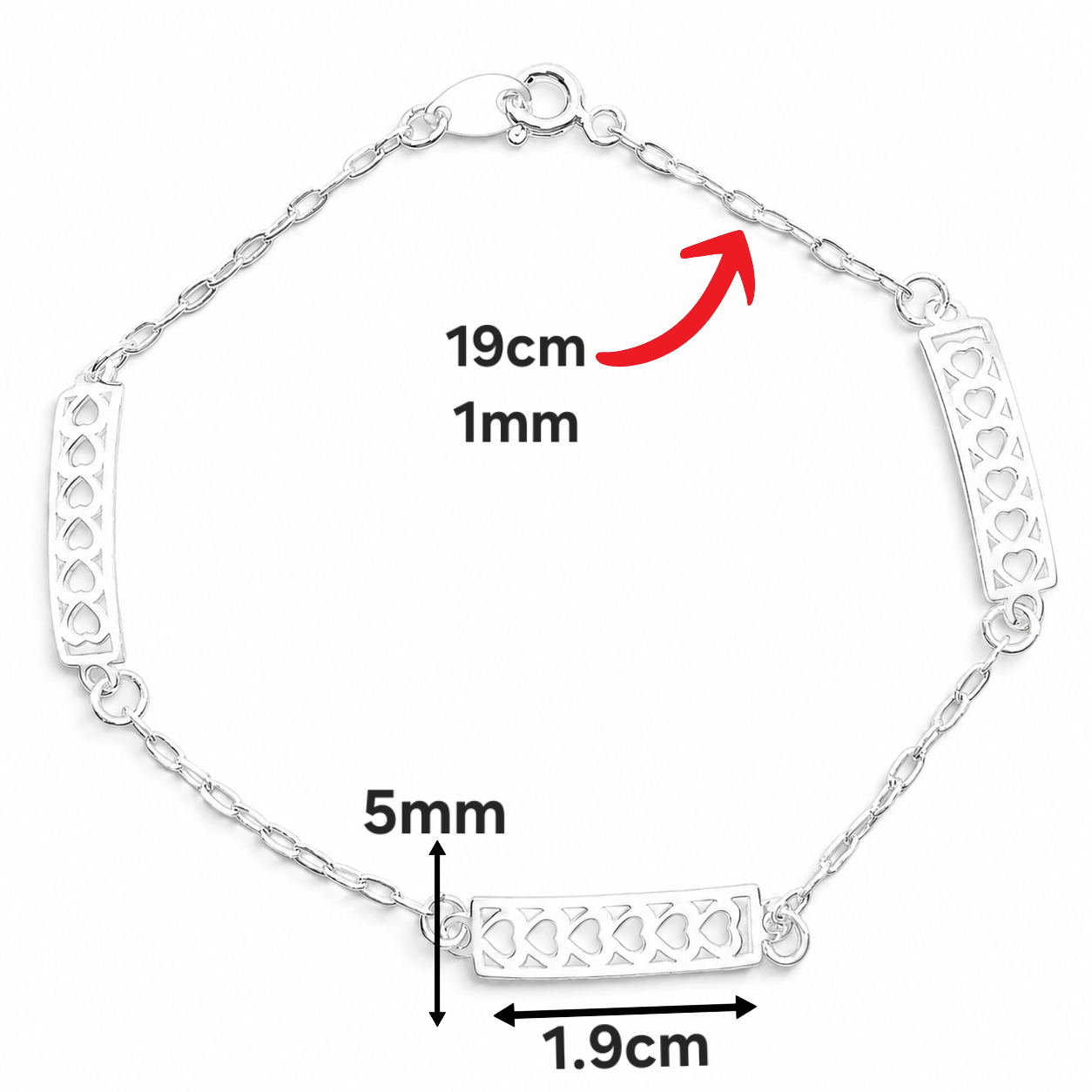 Pulsera Placa Corazones Plata Ley 925