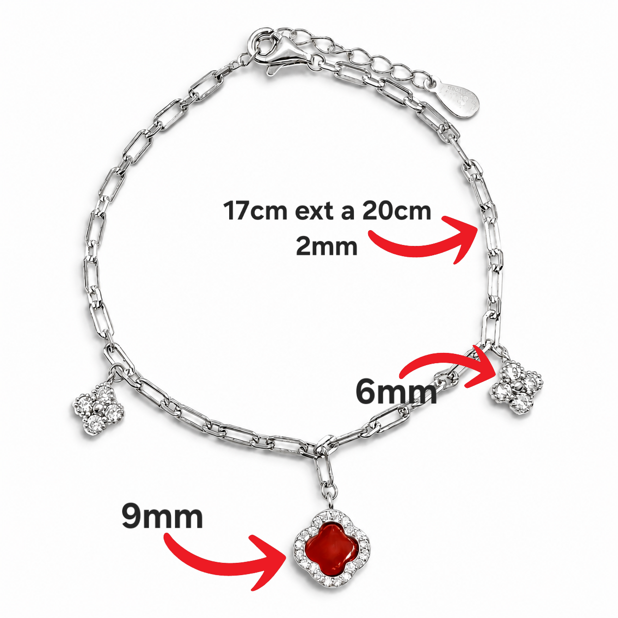 Pulsera Van Roja 3 Treboles Plata Ley 925