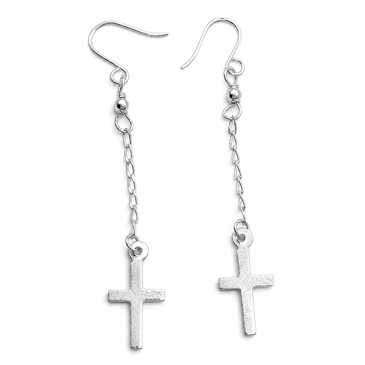 Arete Largo Cruz Plata Ley 925