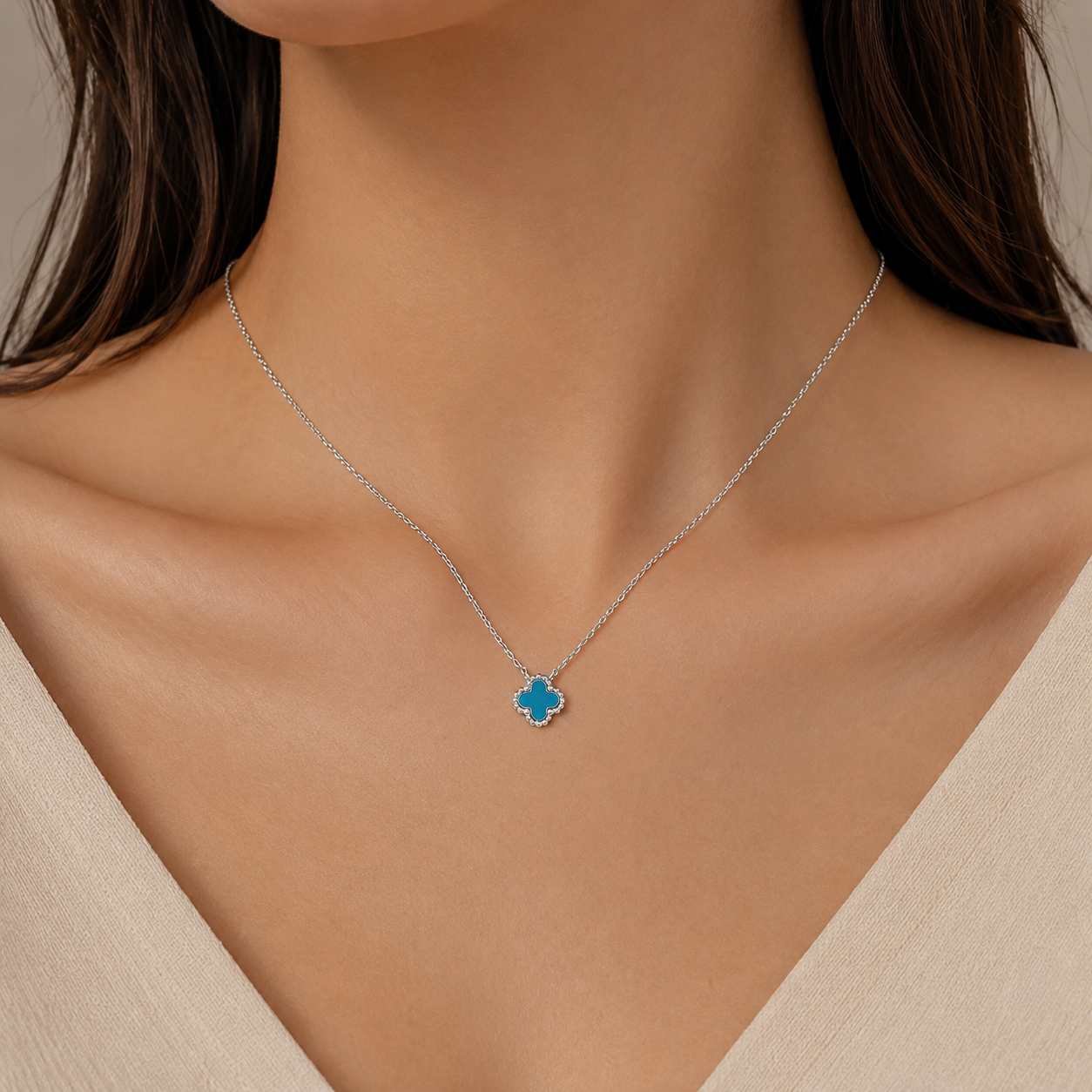 Collar Van Azul 1 Trebol Plata Ley 925