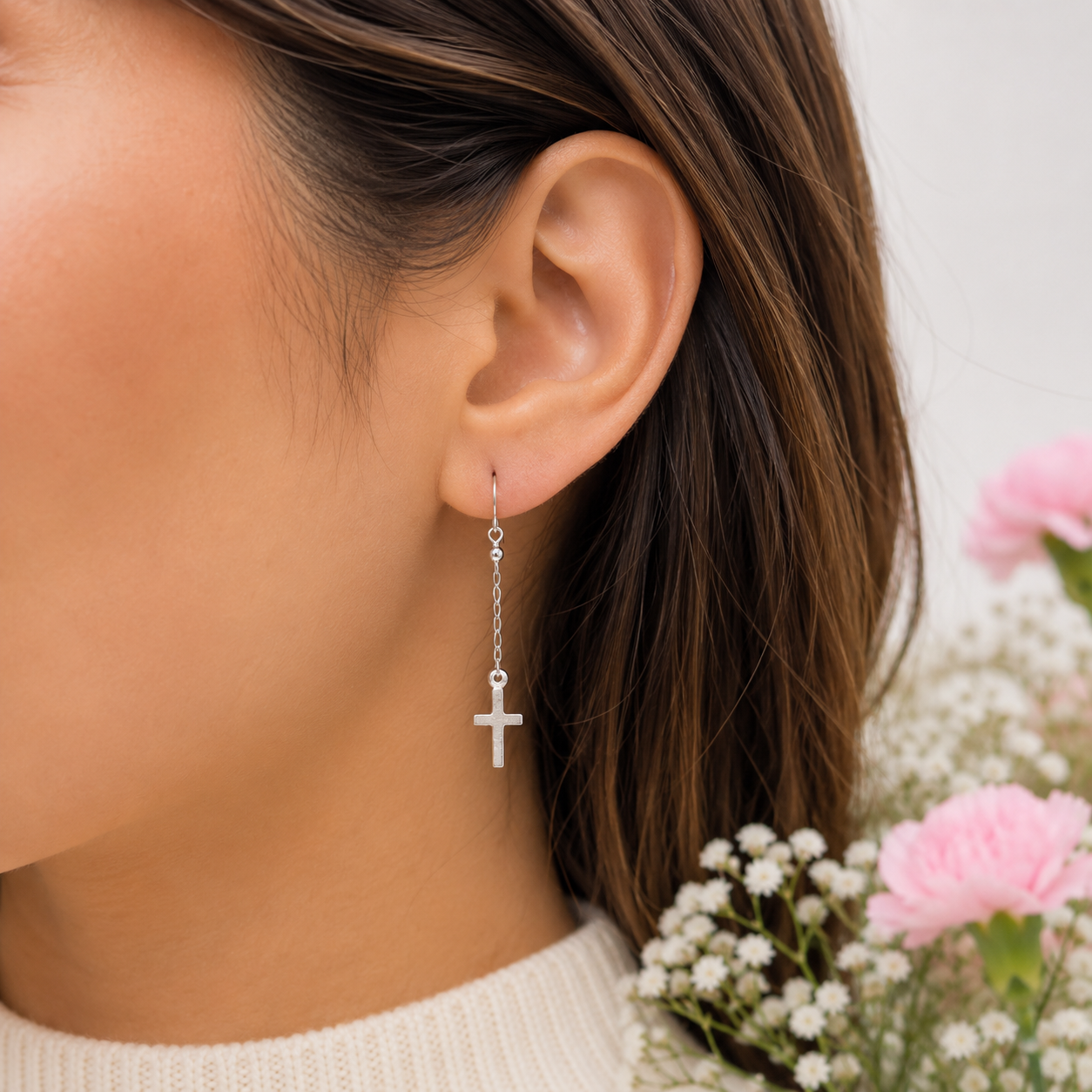 Arete Largo Cruz Plata Ley 925