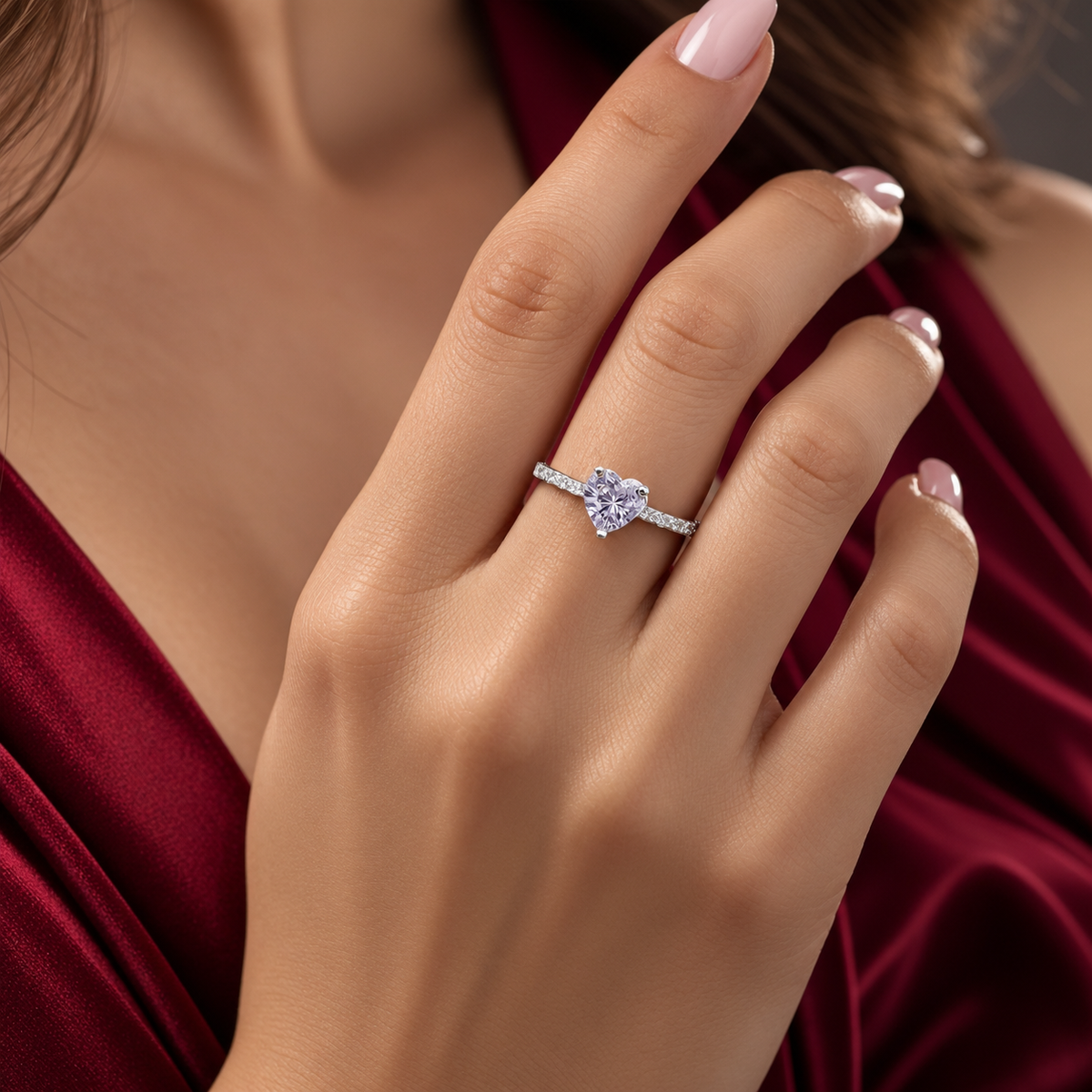 Anillo Corazon Lila Plata Ley 925