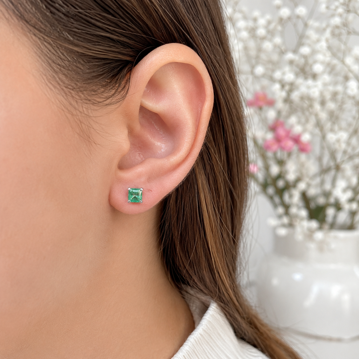 Arete Cuadro Verde Plata Ley 925