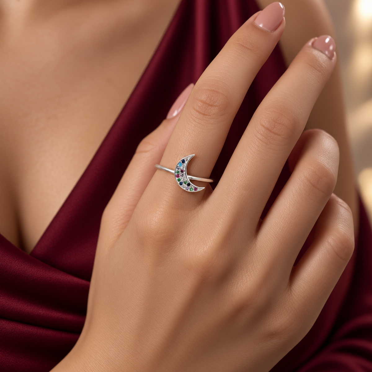 Anillo Luna Zirconia Multicolor Plata Ley 925