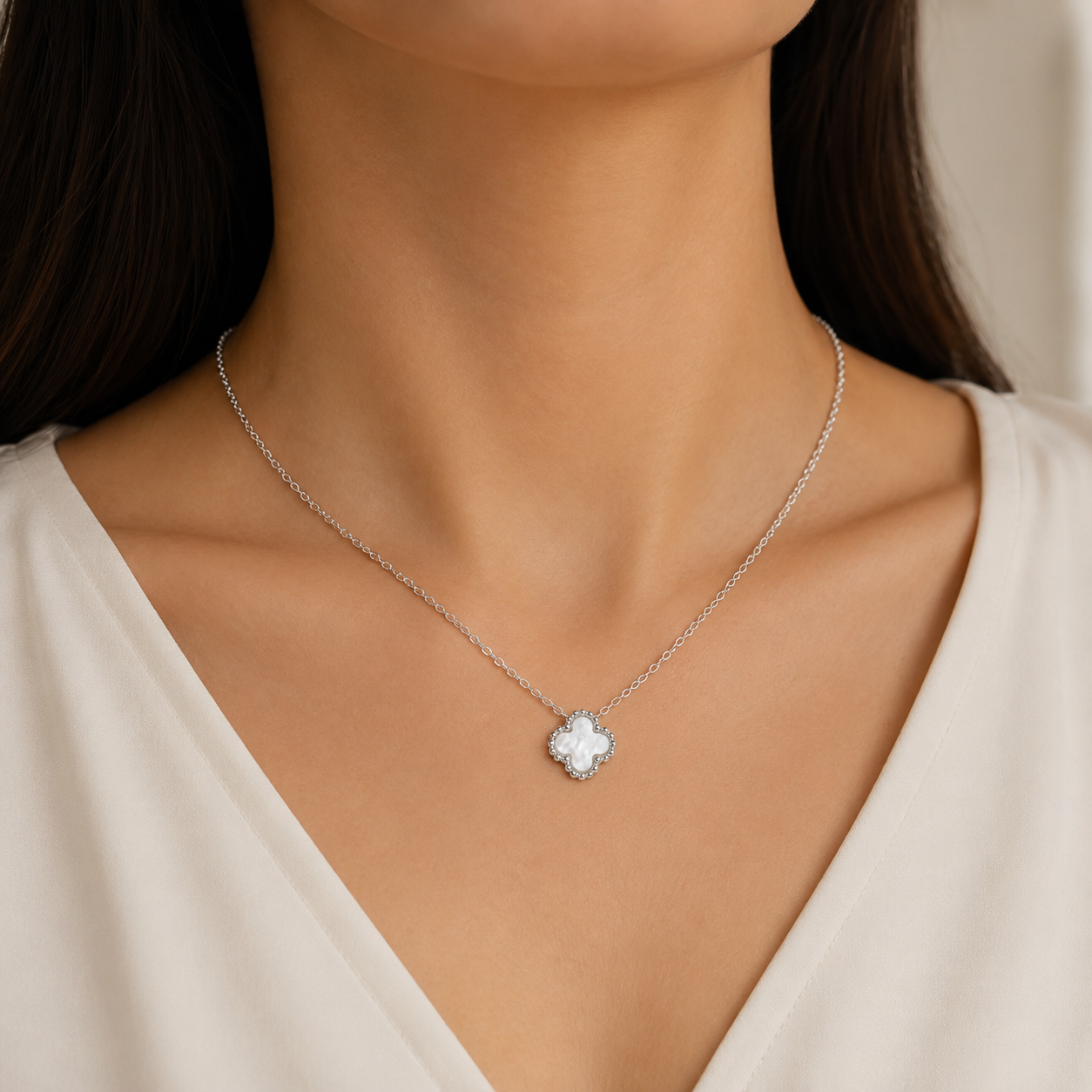 Collar Van Blanco 1 Trebol Plata Ley 925