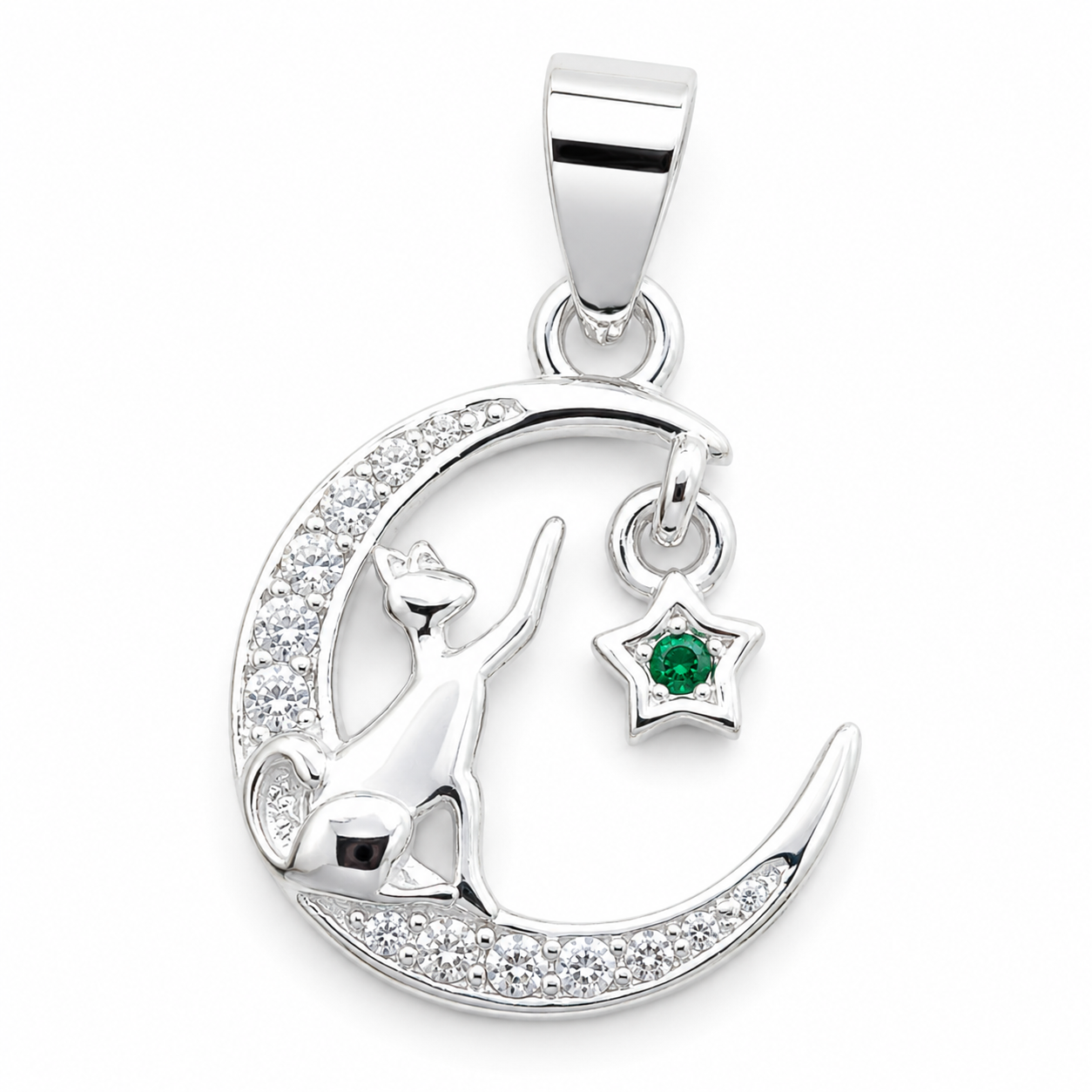 Dije Luna Gato Verde Plata Ley 925