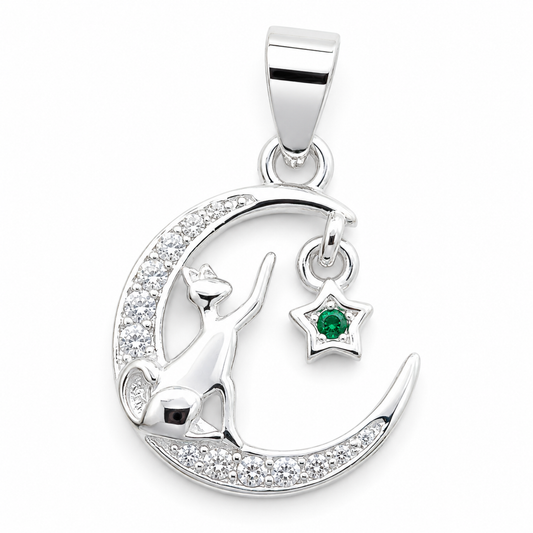 Dije Luna Gato Verde Plata Ley 925
