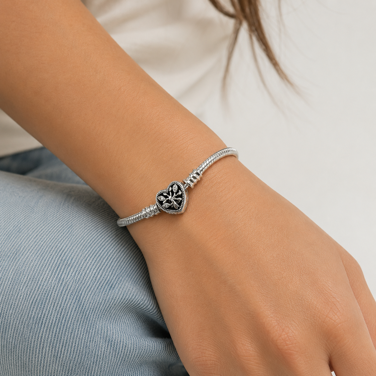 Pulsera Corazon Arbol Pan 3mm Plata Ley 925