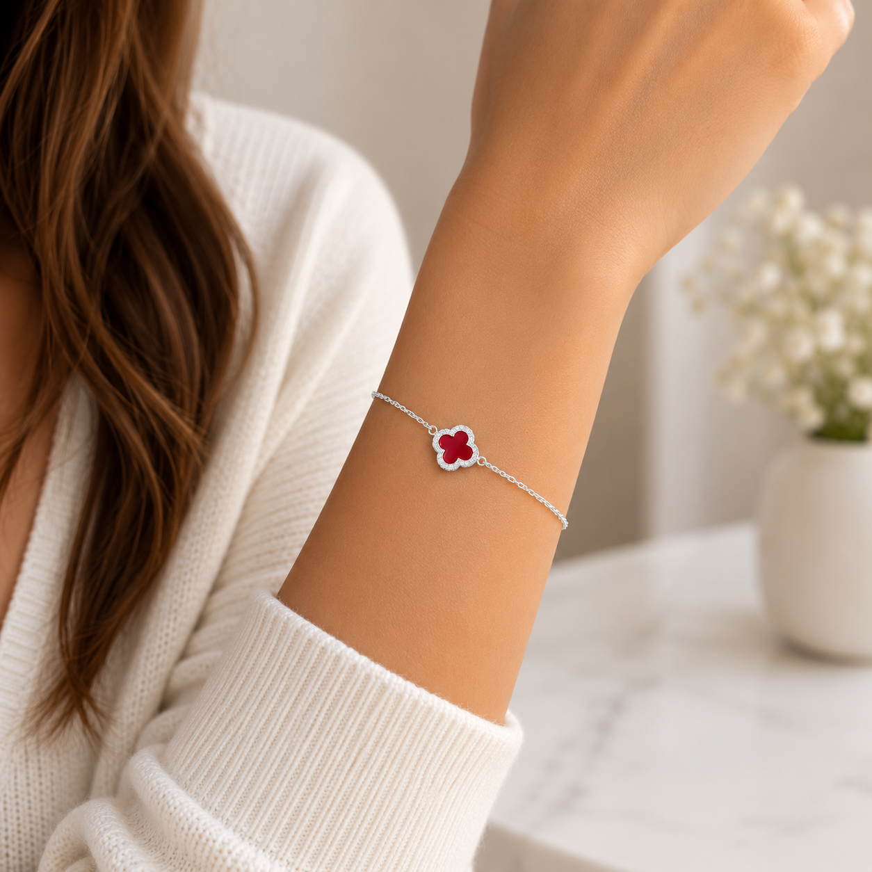 Pulsera Van Roja 1 Trebol Plata Ley 925