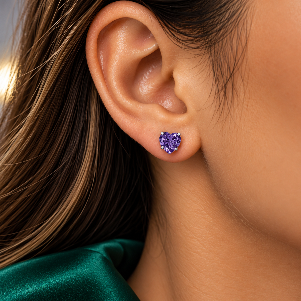 Arete Corazon Morado #8 Plata Ley 925