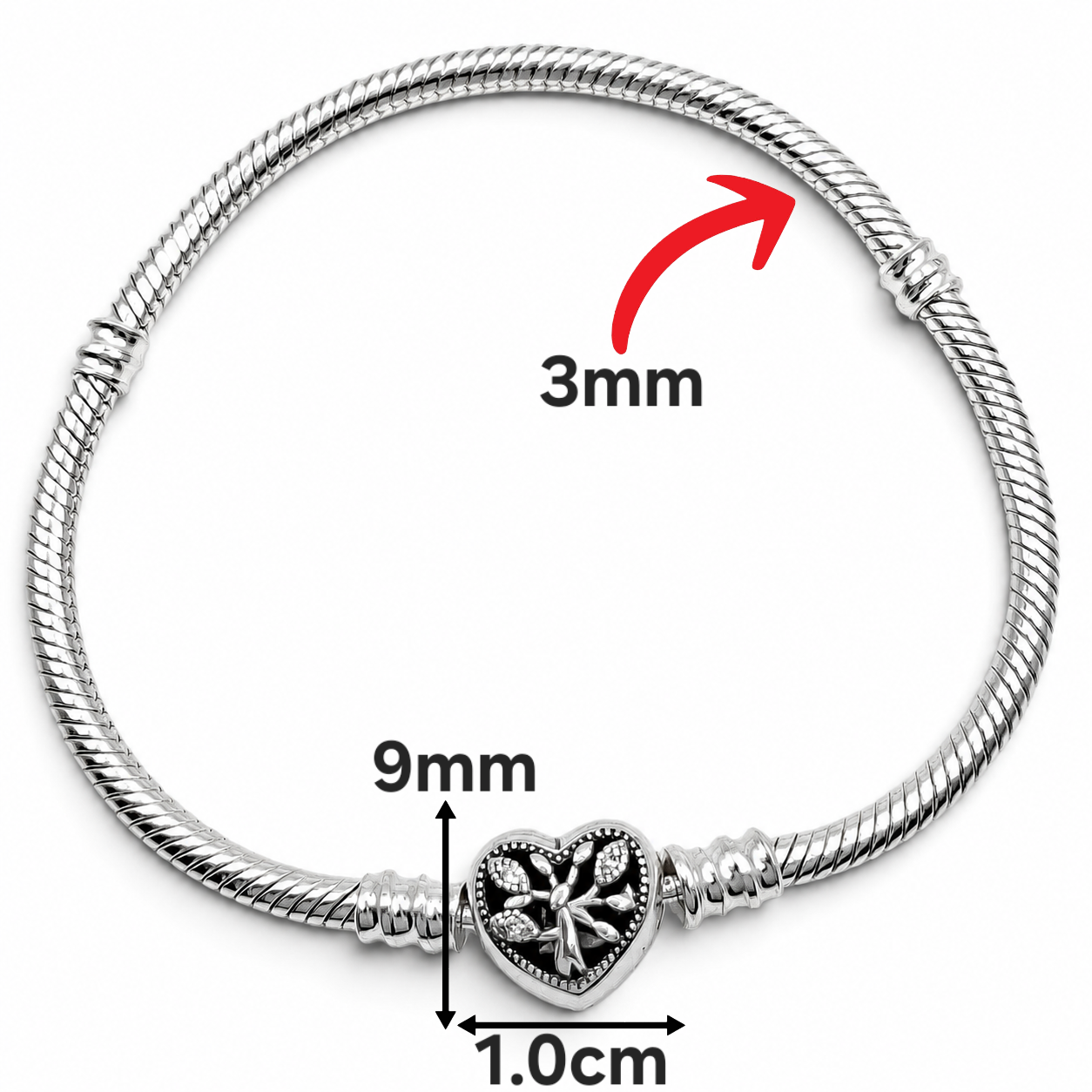 Pulsera Corazon Arbol Pan 3mm Plata Ley 925