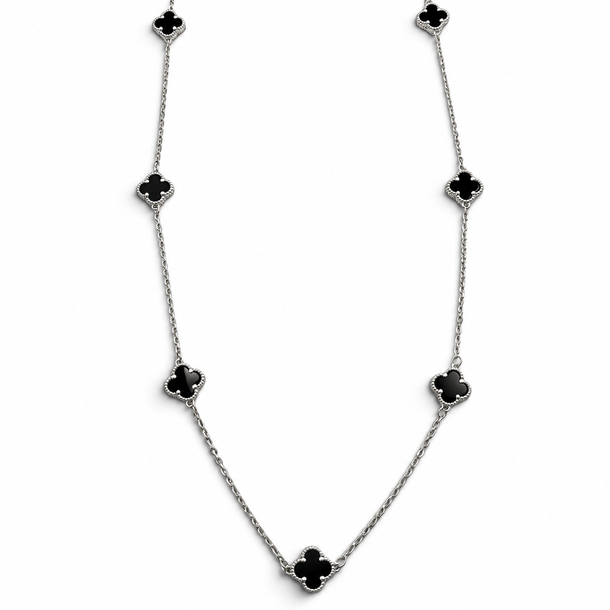Collar 16 Treboles Negro Plata Ley 925