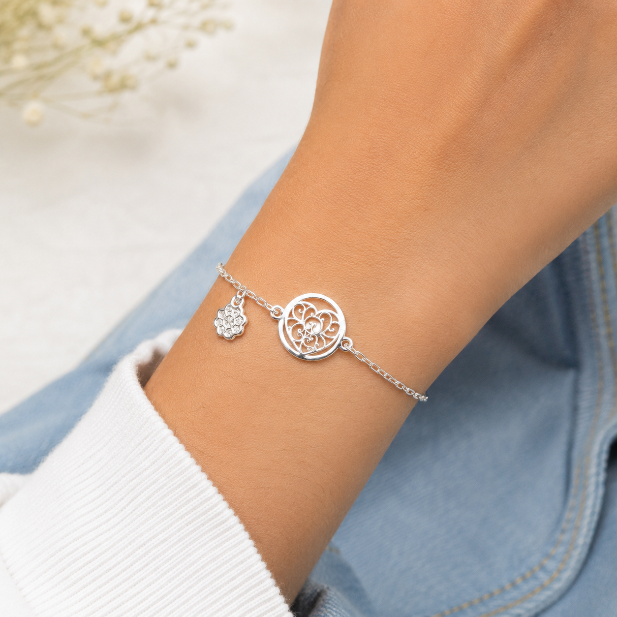 Pulsera Corazon Circulo Plata Ley 925