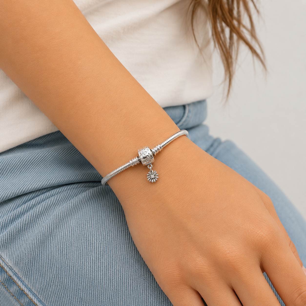 Pulsera Flor Pan 3mm Plata Ley 925