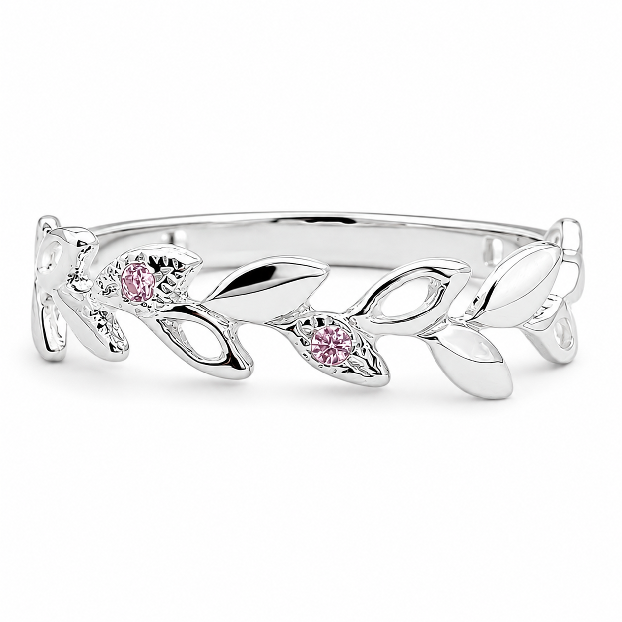 Anillo Hojitas Rosa Plata Ley 925