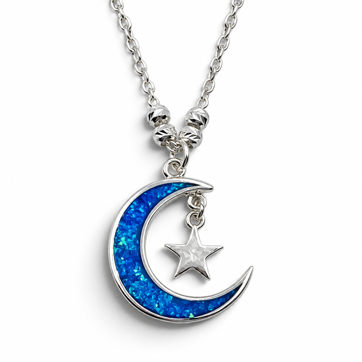 Collar Media Luna Azul Plata Ley 925