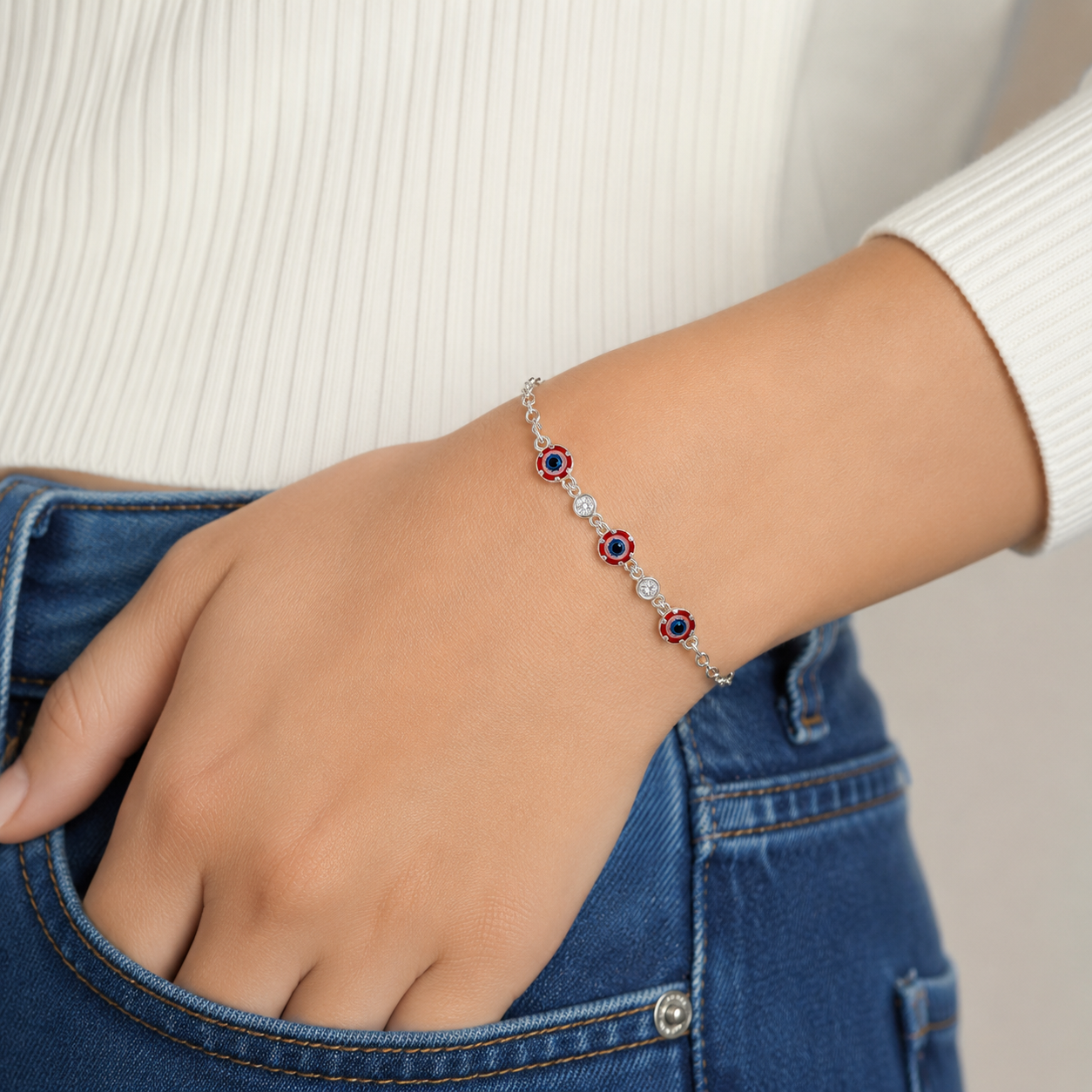 Pulsera Ojo Rojo Azul Plata Ley 925