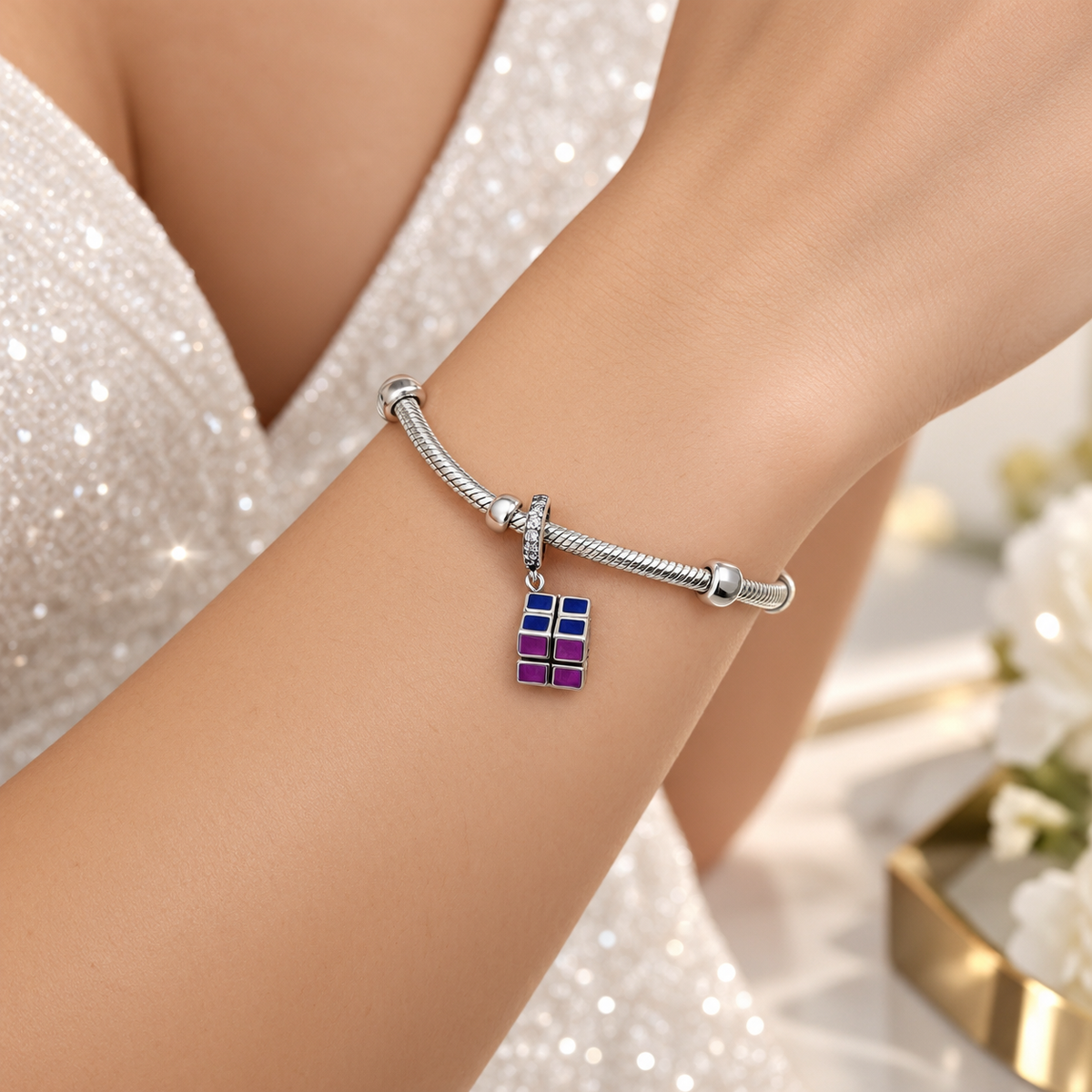 Charm Cubo Rubik Zirconia Plata Ley 925