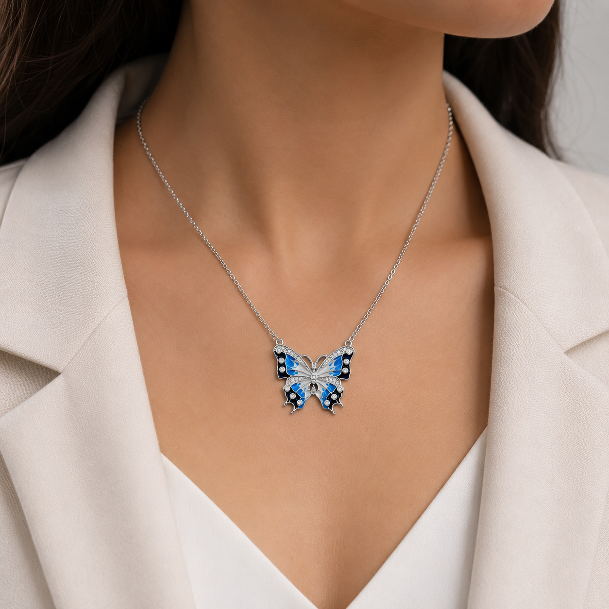 Collar Mariposa Azul Plata Ley 925