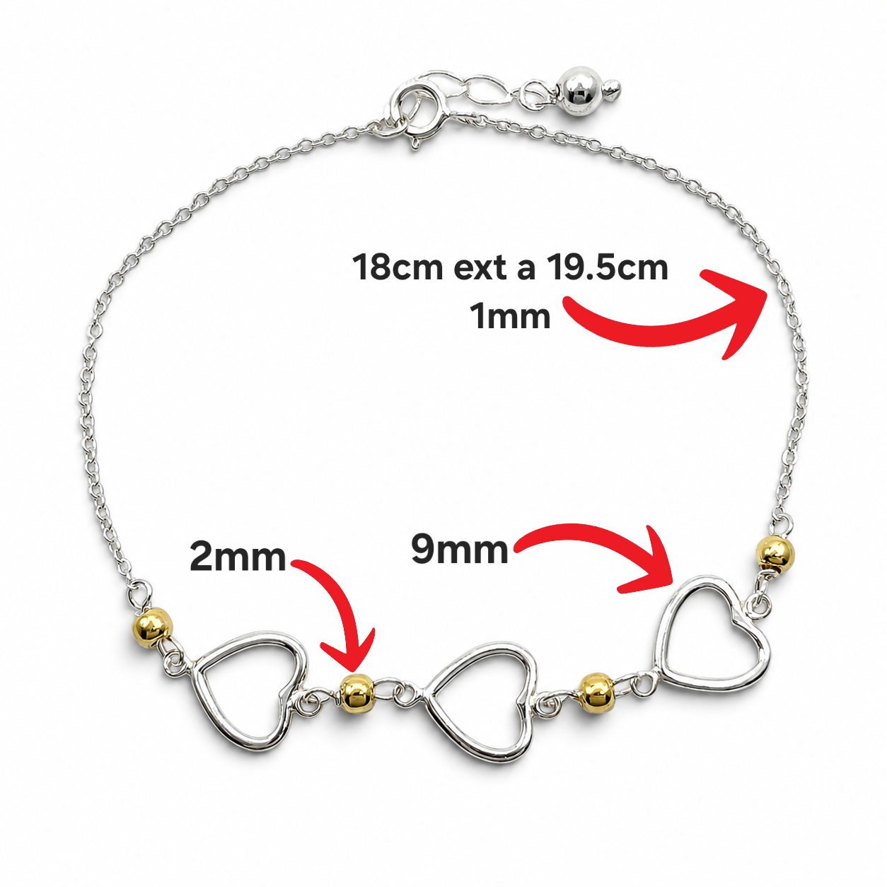 Pulsera 3 Corazones Plata Ley 925
