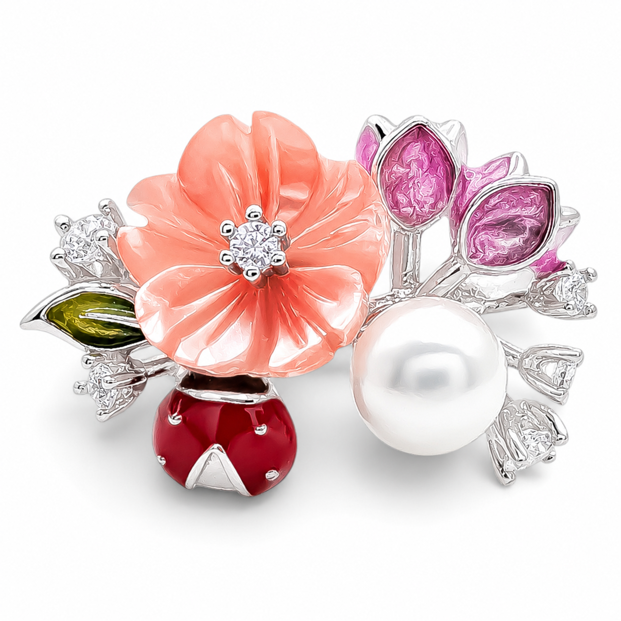 Set Flor Rosa Catarina Plata Ley 925