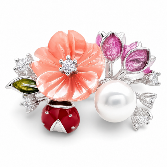 Set Flor Rosa Catarina Plata Ley 925