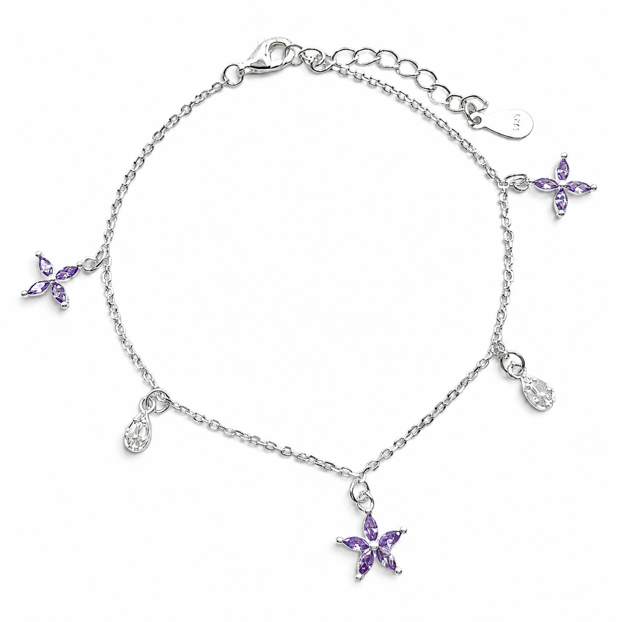 Pulsera Flor Lila Plata Ley 925