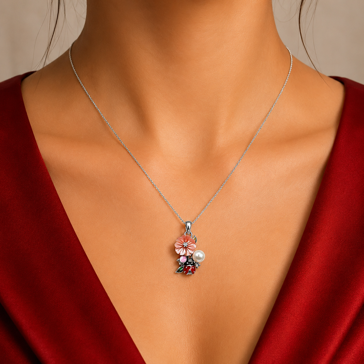 Set Flor Rosa Catarina Plata Ley 925