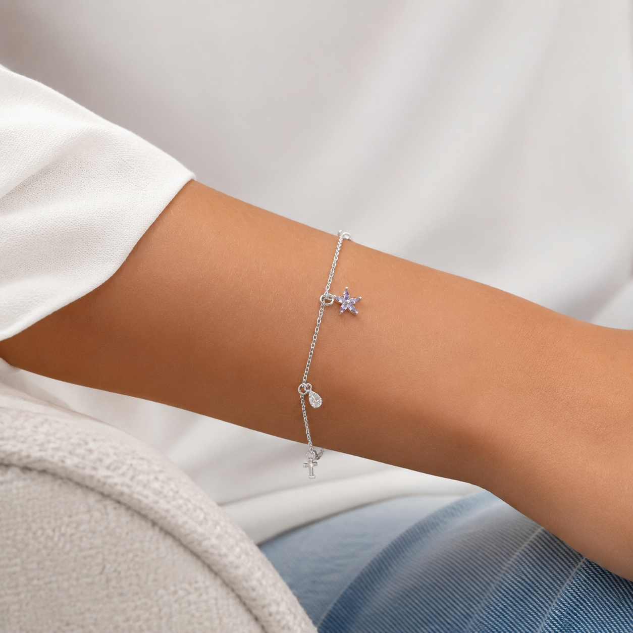 Pulsera Flor Lila Plata Ley 925
